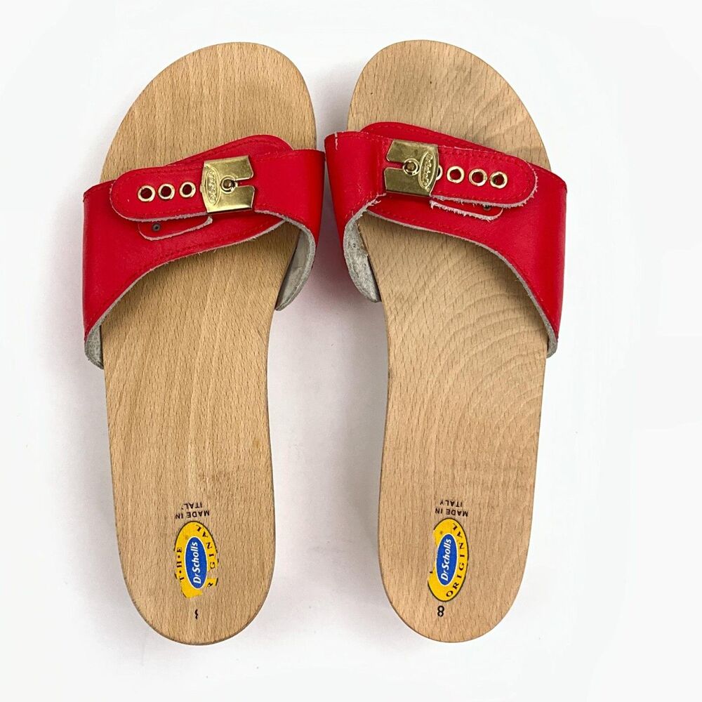 Vtg Dr. Scholl's Original Sandals Womens 8 Red Slide Wood Exercise Shoes Italy - Picture 4 of 11